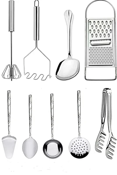 Assess Store 9 Piece Stainless Steel, Spatula, Colander, Ladle, Spoon Set Set
