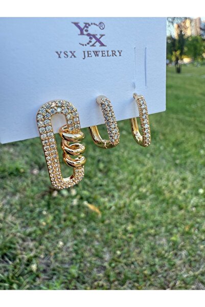 ARMELİA ACCESORİES Armelia Altın Renk 3’lü Küpe Seti – Taşlı Modern ve Işıltılı Tasarım