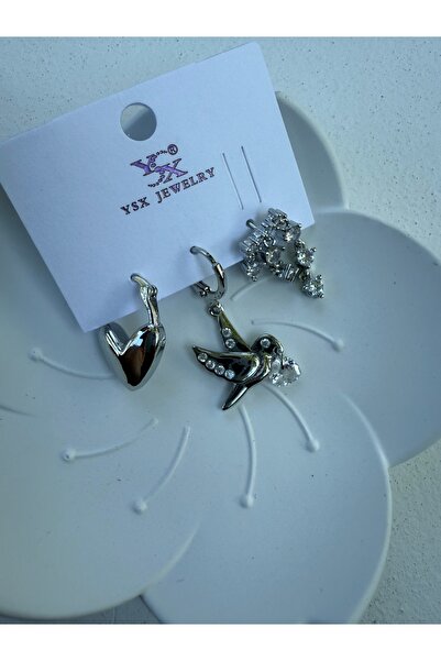 ARMELİA ACCESORİES Armelia Gümüş Renk 3’lü Küpe Seti – Kalp, Kuş ve Taş Detaylı Modern Tasarım