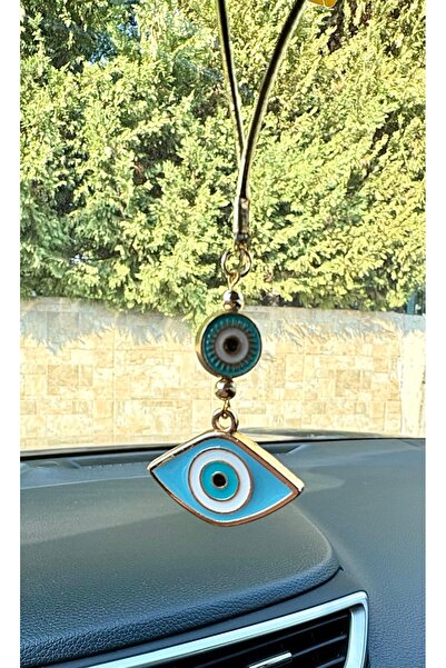 Azrua Ornament pentru oglindă auto în formă de ochi înclinat, albastru deschis, cu mărgele, amuleta pentru mașină, protecție împotriva ochilor răi