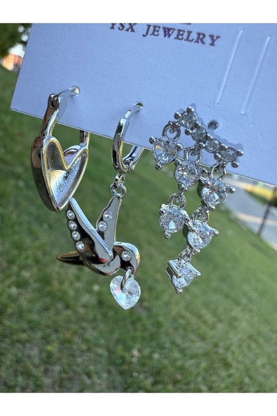 ARMELİA ACCESORİES Armelia Gümüş Renk 3’lü Küpe Seti – Kalp, Kuş ve Taş Detaylı Modern Tasarım