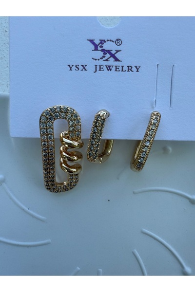 ARMELİA ACCESORİES Armelia Altın Renk 3’lü Küpe Seti – Taşlı Modern ve Işıltılı Tasarım