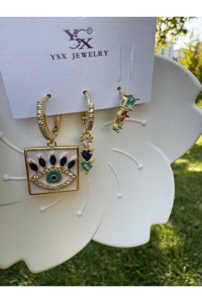 ARMELİA ACCESORİES Armelia Accessories Nazar Göz Figürlü 3’lü Renkli Taşlı Küpe Seti