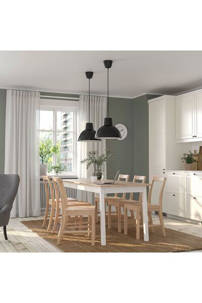 IKEA yemek masası, açık antika vernik-beyaz vernik, 185x75 cm, 4-6 kişilik