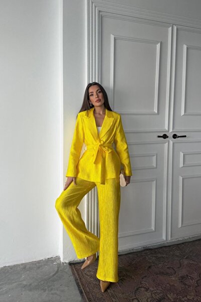 INFİVENTO Neon Waist Belted Jacket and Trousers Shiny Set