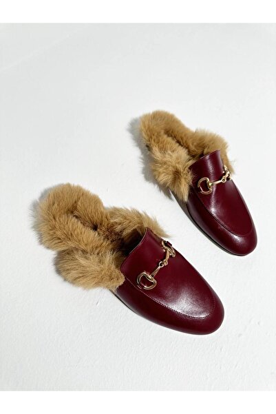 Eataly Shoes 046-805 Papuci de damă din piele bordeaux cu blană în interior