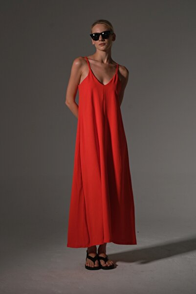 Domoda Καλοκαιρινό ύφασμα Arobin μακρύ γυναικείο φόρεμα με ρυθμιζόμενο λεπτό λουράκι Easy-Iron @Airo