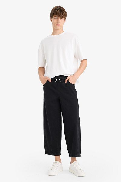 DeFacto 100% Cotton Barrel Fit Waist Lace-Up Elastic Wide Leg Jean Washed Trousers F8354Ax25Au