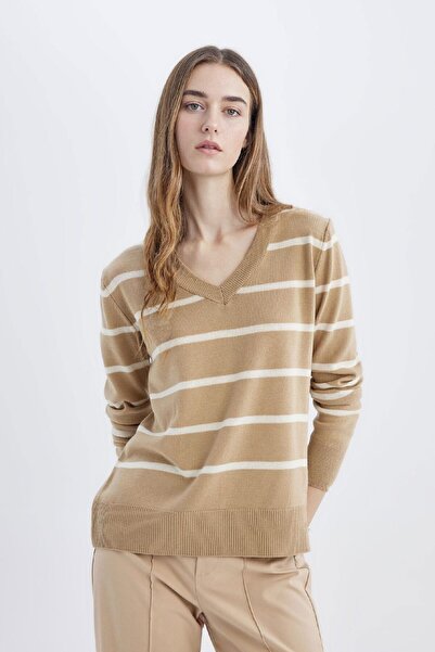 DeFacto Pulover tricotat cu dungi cu decolteu în V cu textura moale - A2359ax24wn