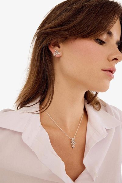DeFacto Women's Stone Floral Silver Necklace Earring Set F5959Axns