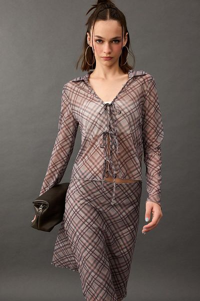 DeFacto Fitted Shirt Collar Checked Front Tie-Up Tulle Long Sleeve Blouse F7703Ax25Au