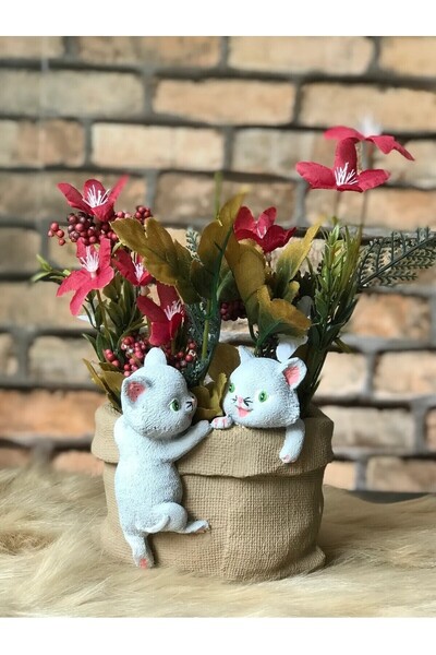 ekinoksart Sevimli Kedi Figürlü Saksı, Sevimli Kedili Saksı (çiçekler dahil d...