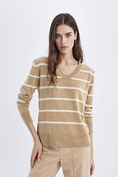 DeFacto Pulover tricotat cu dungi cu decolteu în V cu textura moale - A2359ax24wn