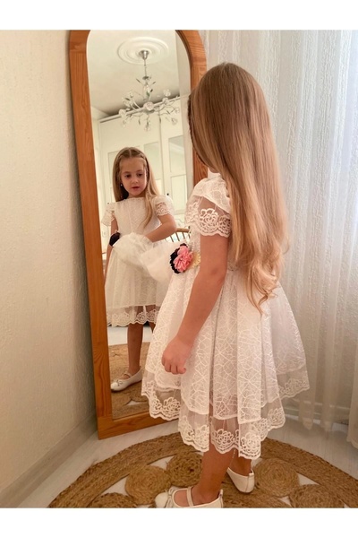 DUDOR KİDS KIZ ÇOCUK KIRIK BEYAZ ABİYE TÜL ELBİSE VE ÇANTA (BİR BEDEN BÜYÜK TERCİH EDİNİZ)