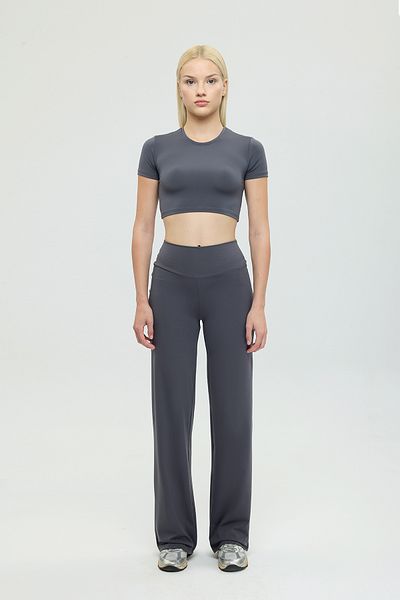 SHEISMONO Comfort High Waist Straight Cut Trousers Smoked