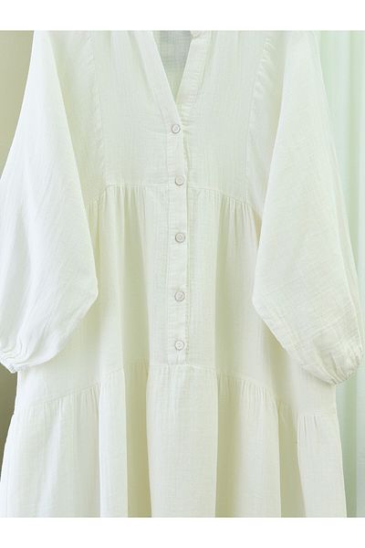 Modamorfo Half Button Piece Muslin Dress -Ecru