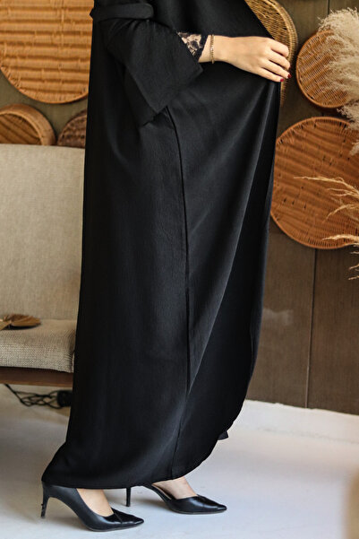 outline Black abaya with lace and crystal sleeves