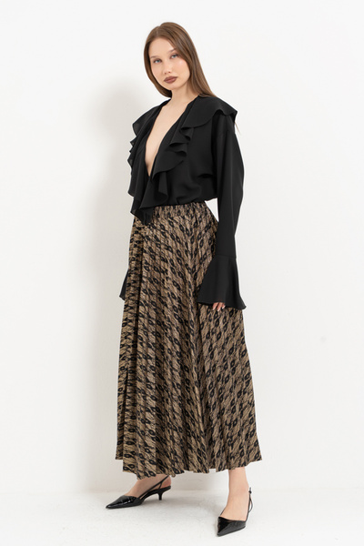 Kikiriki Black-Gold Elastic Waist Pleated Long Skirt