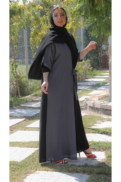 outline Black abaya with gray overlay and tie
