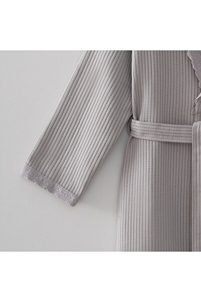 Ecocotton Alessa Women's Pique Bathrobe 100% Organic Cotton Jacquard Gray