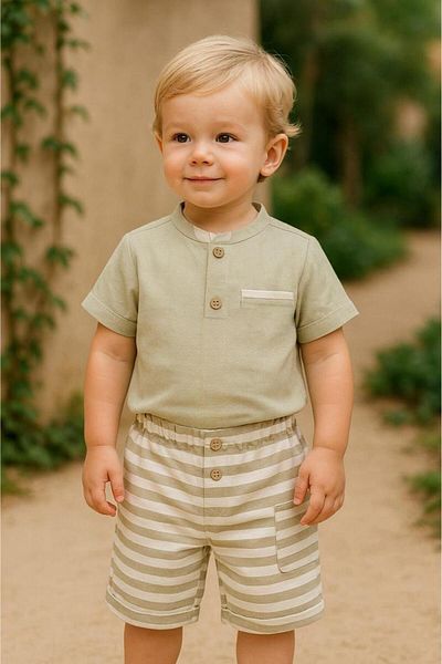CEVVALMİNİMEN Linen Shirt Double Set with Striped Shorts