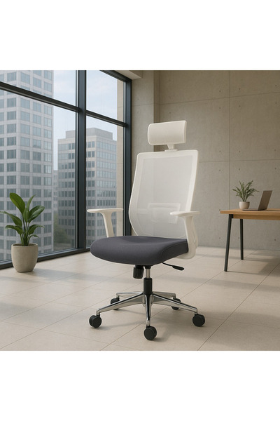 Ivo Office Vintage Beyaz Çalışma Sandalyesi | Ofis Koltuğu | Yönetici Koltuğu | Açık Gri File Antrasit Kumaş