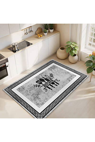 Realhomes Mutfak Konseptli Siyah-Beyaz Desenli Yıkanabilir Kaymaz Taban Dikdö...