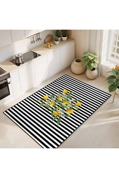 Realhomes Limon Motifli Siyah Beyaz Çizgili Yıkanabilir Kaymaz Taban Mutfak H...
