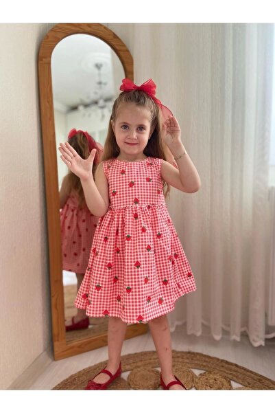 DUDOR KİDS Strawberry Patterned Girl's Summer Dress - Holiday
