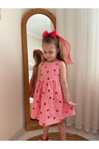 DUDOR KİDS Strawberry Patterned Girl's Summer Dress - Holiday
