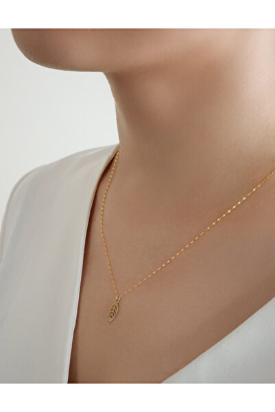 DİAMİNE PIRLANTA 14 Ayar Altın Aynalı Zincir Yaprak Kolye