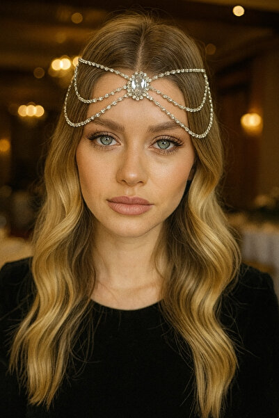 TAKIŞTIR Gümüş Renk Taş Detaylı Alınlık/Kına Aksesuarı