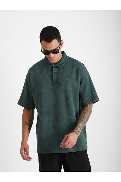 EGHO Washed Double Pique Fabric Men's Polo Neck Loose Fit T-Shirt with Tumbled Effect