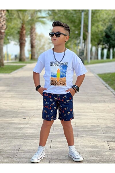 DUDOR KİDS Σετ σορτς με στάμπα Hawaii και λευκό μπλουζάκι για αγόρι