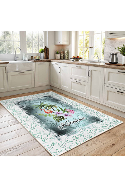 Realhomes Renkli Flamingo Desenli Yıkanabilir Kaymaz Taban Mutfak Halısı