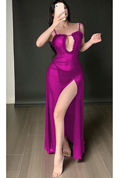 SİA LESS Nightdress Fuchsia Pink Strap Slit Long Collar Gathered Ruffle Detai...