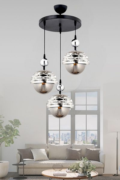 ESSLİGHT Lema 3-Piece Pendant Lamp Chandelier (Smoked Glass) Living Room Bedroom Kitchen Young Room