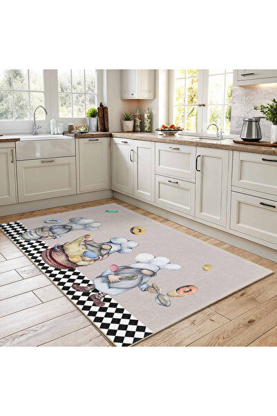 Realhomes Şef Figürlü Renkli Mutfak Halısı Kaymaz Tabanlı ve Yıkanabilir Dikd...