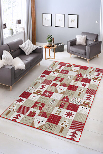 Realhomes Yılbaşı Temalı Canlı Desenli Kaymaz Taban Yıkanabilir Halı