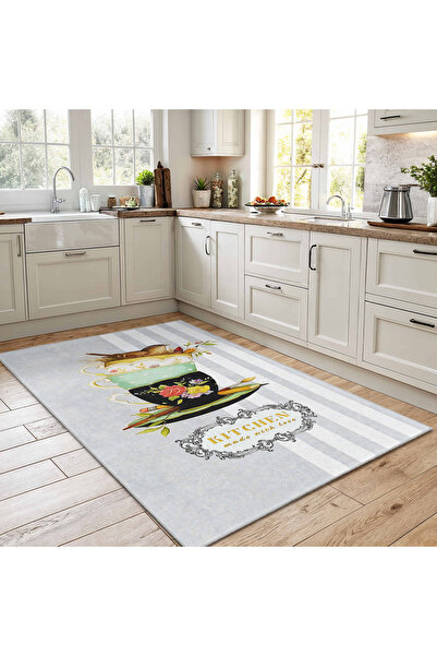 Realhomes Dikey Çizgiler Üzerinde Fincan Motifli Mutfak Yıkanabilir Kaymaz Ta...