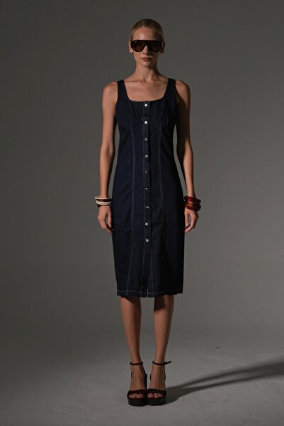 Maule Stretchy Cotton Snap Strap Midi Women's Dress @Midilli