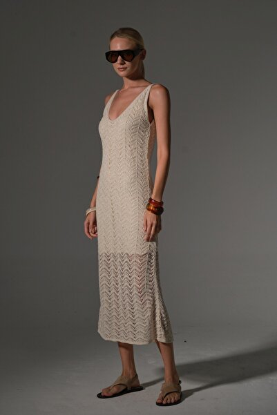 Domoda Yarım Astarlı Askılı Ajurlu Yazlık Triko Kadın Elbise @Kajun