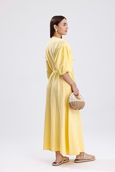 h hera giyim Φόρεμα μουσελίνας με μπαλόνι με λαιμόκοψη V - κίτρινο