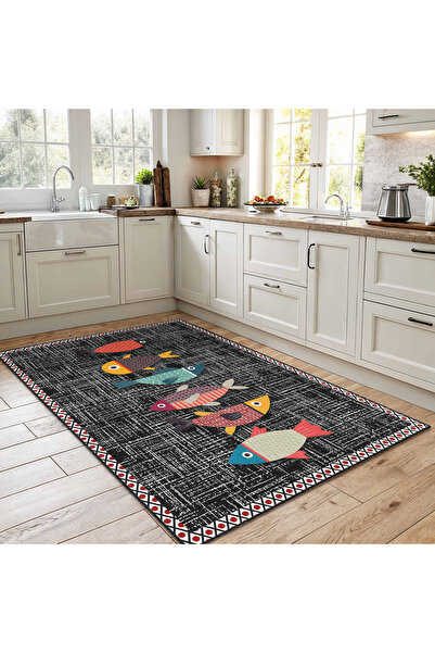 Realhomes Renkli Balık Desenli Mutfak Halısı Yıkanabilir Kaymaz Tabanlı Dikdö...