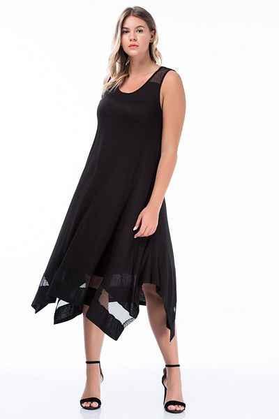 Şans Women's Large Size Black Sleeveless Long Viscose Dress with Mesh Detail on Shoulder and Hem 65n27309