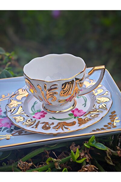 manushum El Boyama Porselen Frezya Altın Kahve Fincanı-beyaz 1 Adet