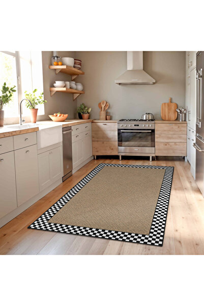 Realhomes Siyah Beyaz Kare Kenarlı Modern Mutfak Halısı Yıkanabilir Kaymaz Ta...