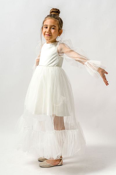 Le Mabelle Ecru Sleeves Tulle Detailed Stoned Long Dress for Girls - Calla