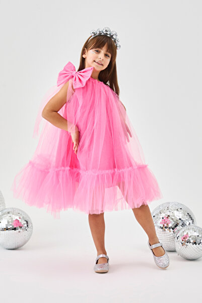 Le Mabelle Pink One-Shoulder Bow Girl's Tulle Dress - Orlene