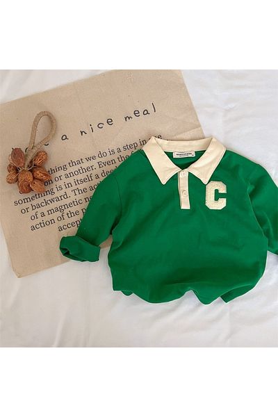 L&Wen Boys Casual Long Sleeve Polo Shirt, Monogram Print Top Green 90 (2-3 Years)